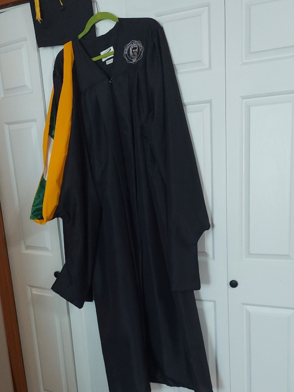 Unbranded Men's Black Graduation Gown with Gold-Trimmed  Green And White Hood